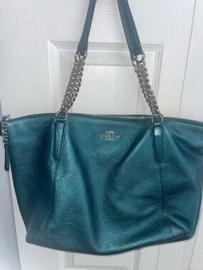 Coach Teal Pebbled Leather Tote with Chain-Strap